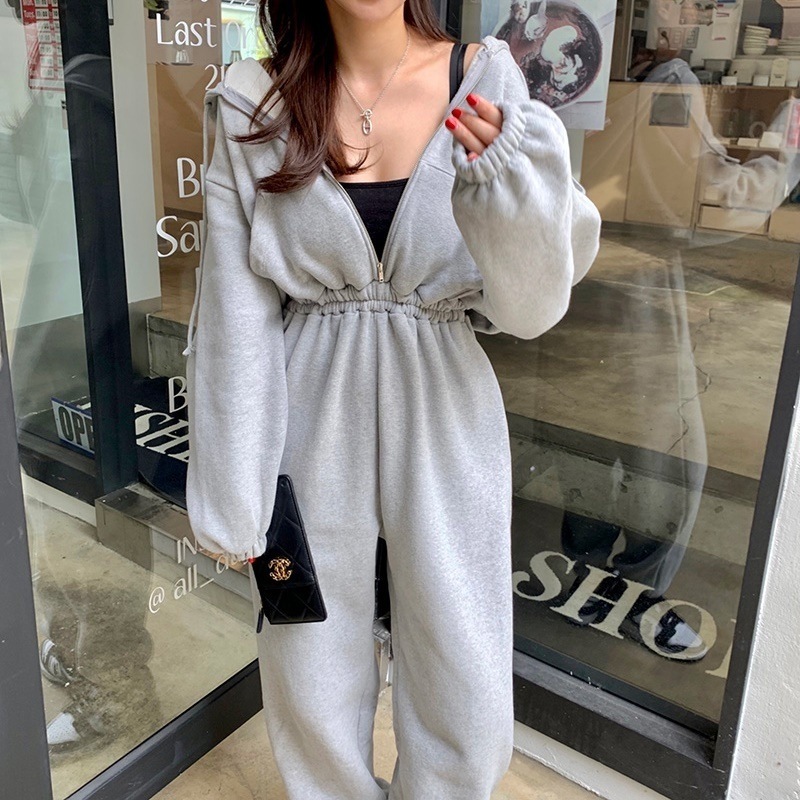 スウェット オールインワン オーバーオール オルチャン フード付き レディース 韓国 グレー ブラック 灰色 黒 長袖 ポケット付き ジッパー ハイウエスト 上下セット かわいい 大人可愛い