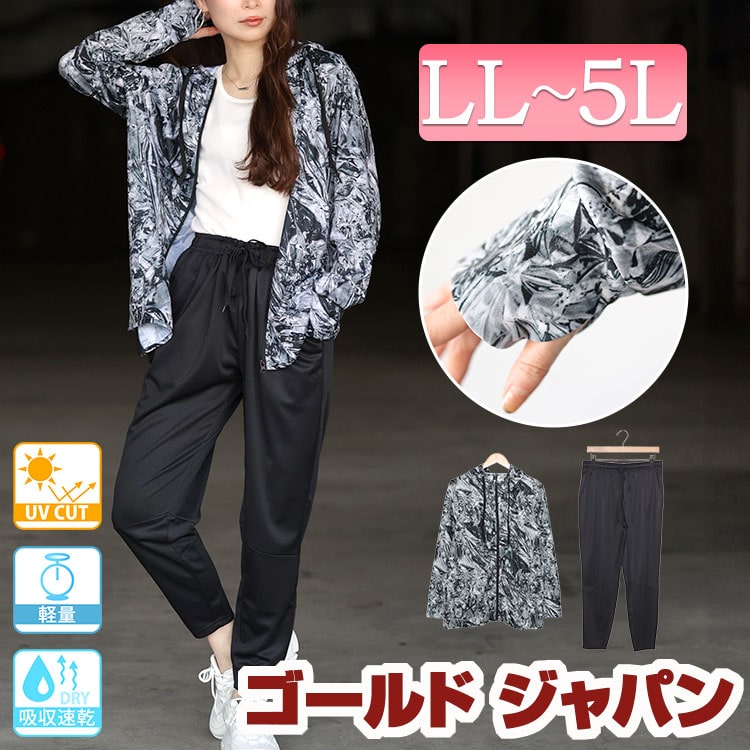 大きいサイズレディース セットアップ スモーク柄吸汗速乾ドライ指穴ジップパーカー＆テーパードパンツ2点セット 吸汗 速乾 2点セット 指穴 パーカー パンツ 紫外線対策 冷房対策 ラッシュガード UV