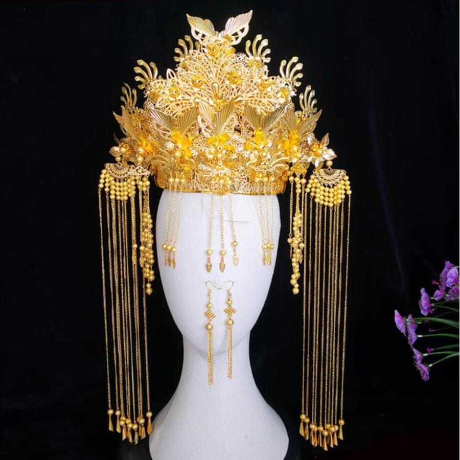 中華豪華髪飾り 華流コスプレ用髪飾り 王冠 漢服用 ヘアアクセサリー 舞台撮影グッズ 蝶 花 宝冠 フリンジ チェーン きらきら 合金 中国古代 皇后 貴妃 王冠帽子