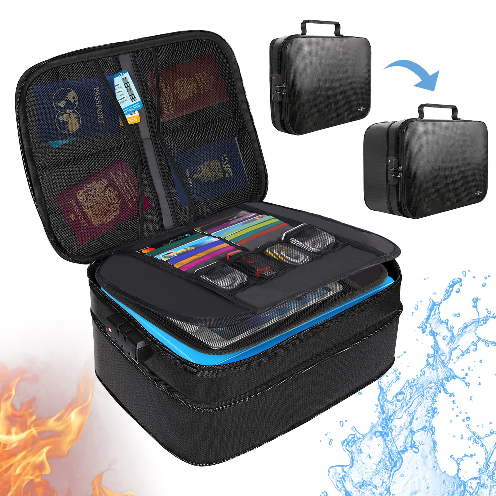 耐火バッグ 耐火ケース 耐火金庫 書類ケース 集金袋 手提げ金庫 貴重品入れ 大容量 10CM高さ調節可能 鍵付き 金庫 耐火 収納ボックス 3層式 整理 分類 書類収納バッグ 金庫 家庭用 防水耐火