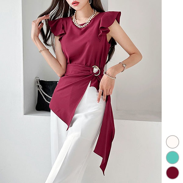 ブラウス レディース ノースリーブ フリル トップス カットソー ロング丈 スリット 上品 おしゃれ きれいめ 春 夏 韓国 to27559