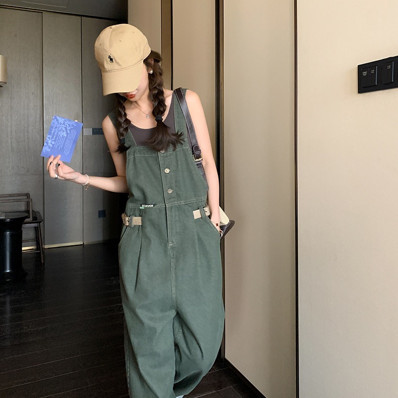 デザインセンスニッチワークウェアデニムバックパンツ女性24春夏百ルーズカジュアルスプライシングワンピースワイドパンツ