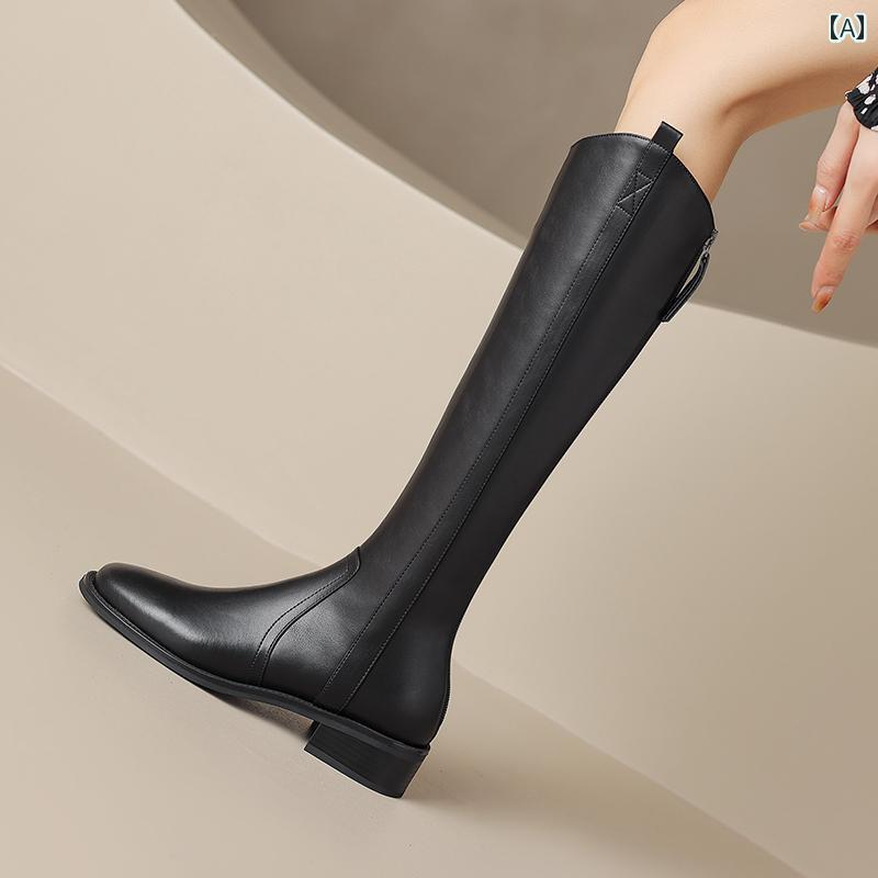 ロングブーツ レディース タイトフィット シンプル おしゃれ スタイルアップ レトロ ローヒール ナイト ブーツ 革 厚底 ブーツ フラットソール ブラウン ブーツ