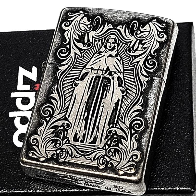 ZIPPO ディープエッチングアラベスクマリア 銀古美 ジッポ ライター 逆エッチング 御守り 彫刻 両面柄 かっこいい 女性 メンズ レディース ギフト