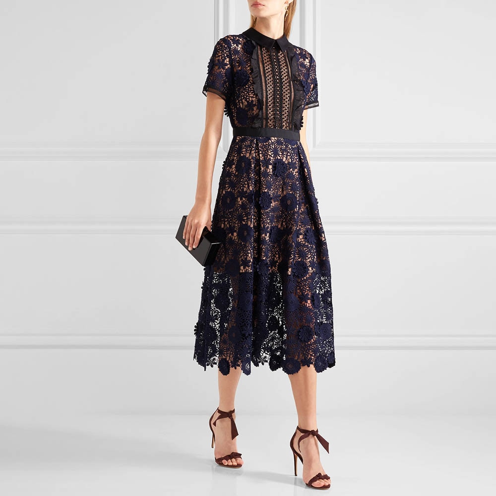 ワンピース レディース 夏 L (M寄り) 即納 半袖 袖あり 花柄 刺繍 216133 総レース シースルー ブルー ネイビー インナーミニ パーティードレス