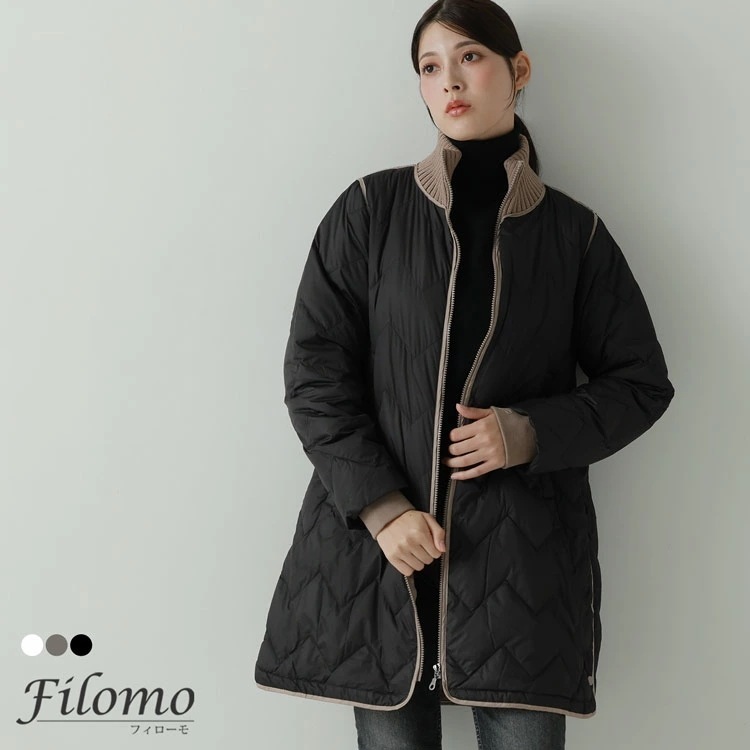 ダウンコート レディース ミドル ブランド Filomo ミドル丈 軽量 ダウン M L LL ベンチコート アウター ダウンジャケット バイカラー おしゃれ カジュアル 秋 冬 ジャケット 冬 秋