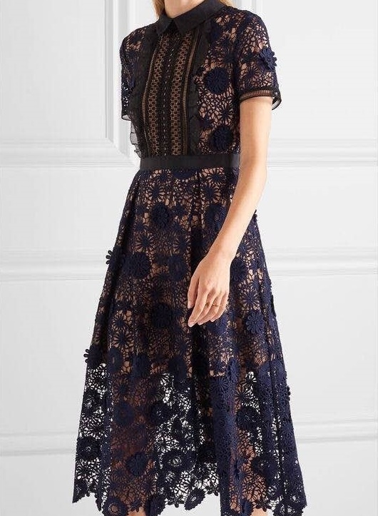 1546. レース刺繍ミモレ丈ワンピース（ネイビー） 2019 春夏 sale 結婚式 披露宴 二次会 食事会 レストラン 演奏会 フォーマル