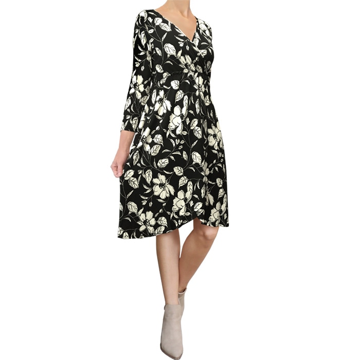 ワンピース 膝丈 7分袖 Vネック ハイウエスト カシュクール ラップ ポケット付 モノトーンボタニカル柄 S.M.L ブラック FROM USA SP241118LA037 5,255円