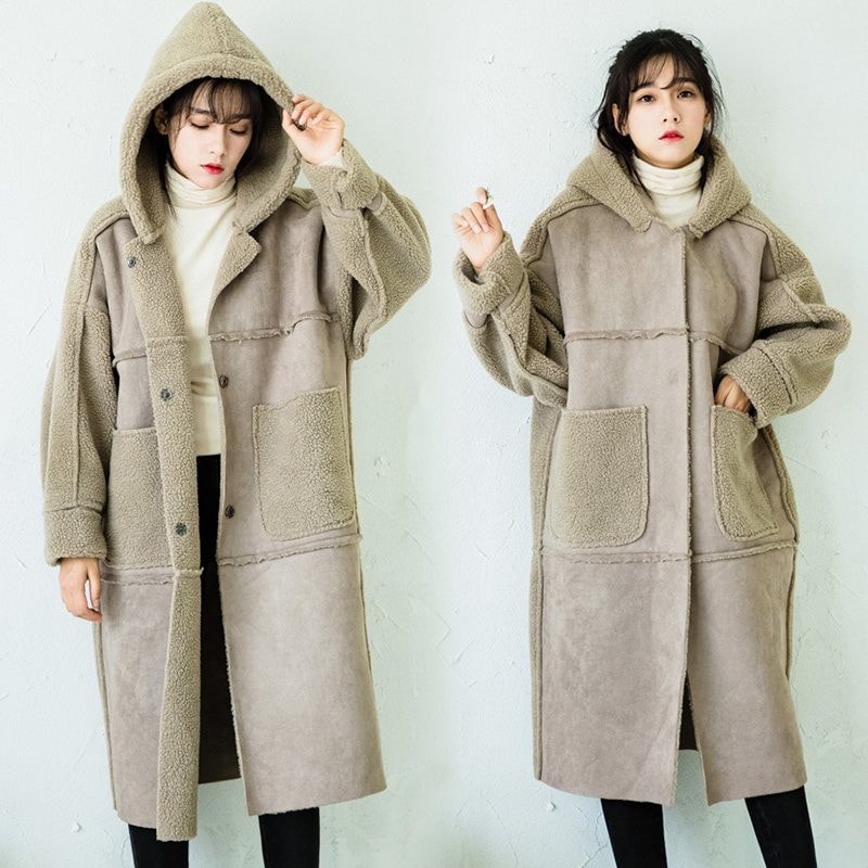 フェイクムートンコート 暖かい フード付 裏ボアコート ロングコート スエード ビッグシルエットコー