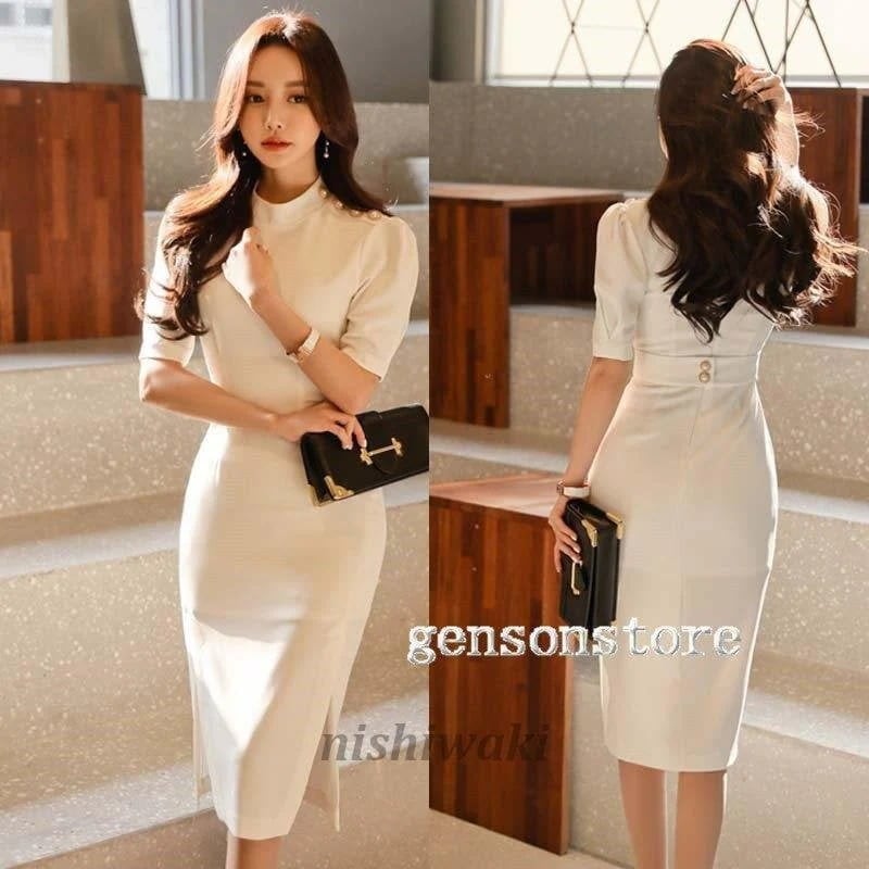 5分袖プチハイネック細見えタイトドレスワンピーススリット膝丈203040レディ30%までに制限