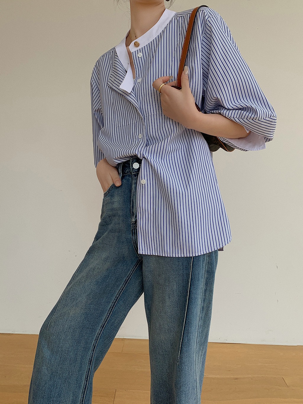 レディース ファッション 青と白 ストライプ シャツ 女性 秋 ラウンドネック カジュアル オールマッチ トップ SML トップス 袖あり かわいい 大人可愛い きれいめ シンプル カジュアル 大人