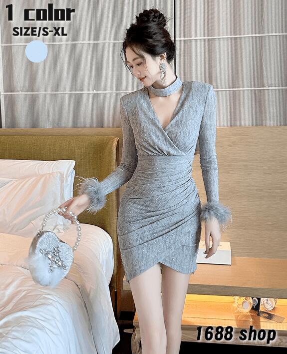 お得な価格2025 タイトワンピース 姫系ワンピース　シンプル　ワンピース インポート ひざ丈 ミドル丈 エレガント　韓国ファッション シンプル Vネック パーティドレス 長袖　お嬢様 セクシー ミニ