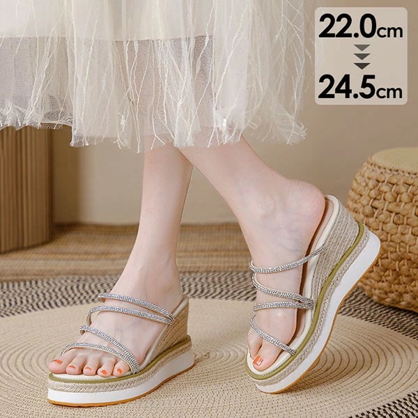 「数量限定」厚底ミュール ウェッジヒール キラキラ 可愛い 厚底 ミュール ヒール9cm レディース サンダル ベージュ ウェッジヒールサンダル かかとなし 夏 カジュアル かわいい ゴージャス リゾ
