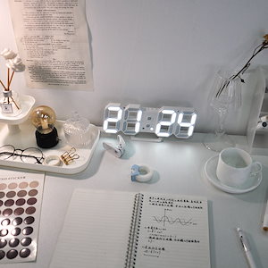 韓国 ins ホワイトデジタル時計 音声制御 LEDデジタル 目覚まし時計 壁掛け 3D置き時計 置