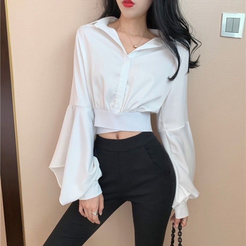 韓国ファッション 驚きの値段 50%OFF レディースのためのセクシーな白いパフスリーブシャツ vネックトップ 折り襟 ハイウ