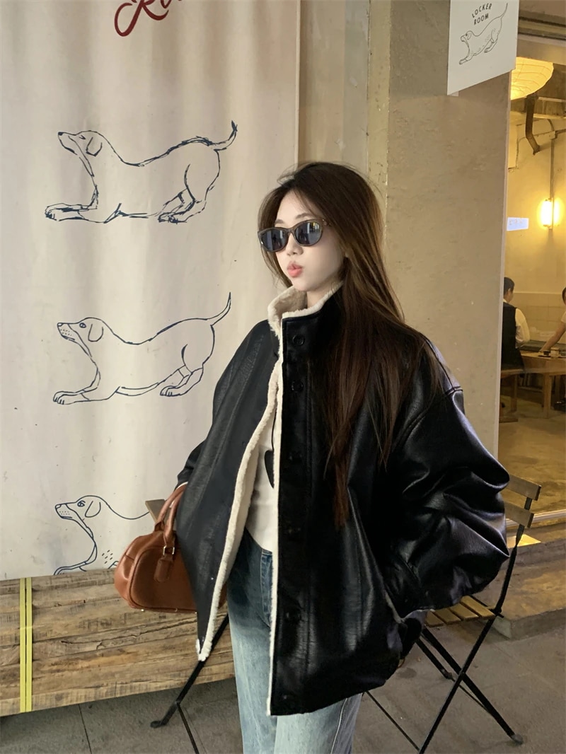 防寒 あったかアウター 韓国風コートスタイルアップ かわいい ブルゾンファー付きファッション系裹起毛大人ゆったりカジュアルストリートサイズレディースムートン襟エコゆるダボ シルエット学生通学丈