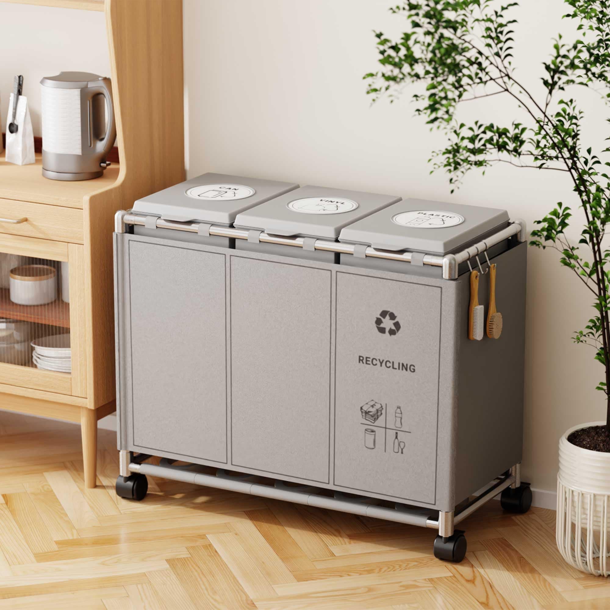 brontier ゴミ袋ホルダー 3分別×30L 袋をセットするゴミ袋スタンド 90L大容量 キャスター付き 目隠しダストワゴン ステンレス製 おしゃれ (グレー)