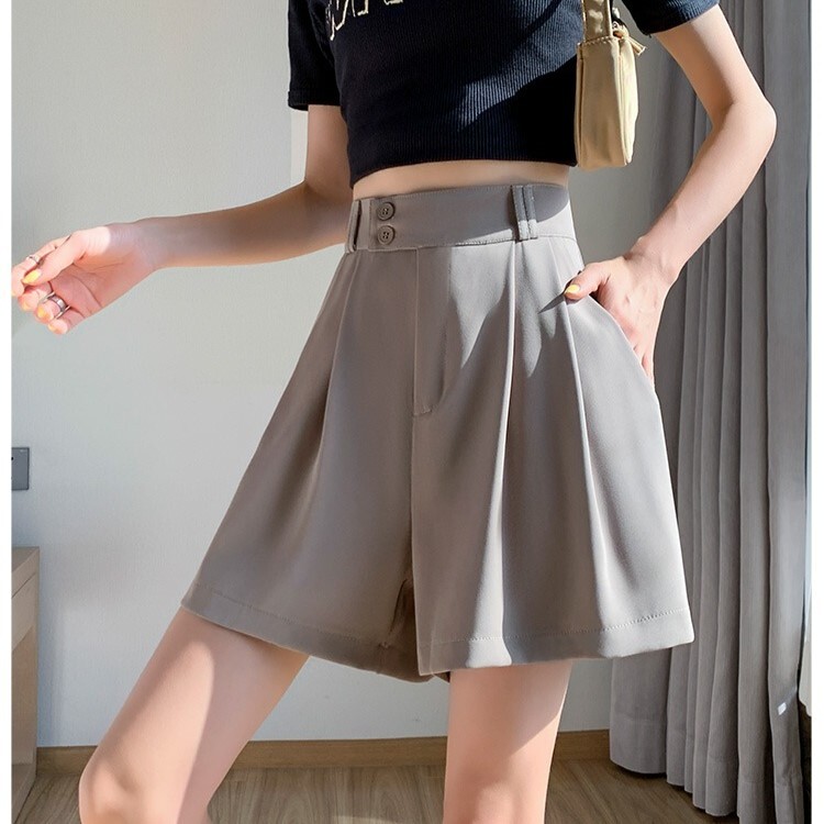 パンツ ボトムス ショート ワイド フェミニン ストリート タック プリーツ ファスナー ポケット ハイウエスト 大人可愛い きれいめ シンプル カジュアル 上品 レディース 20代 オルチャン 無地
