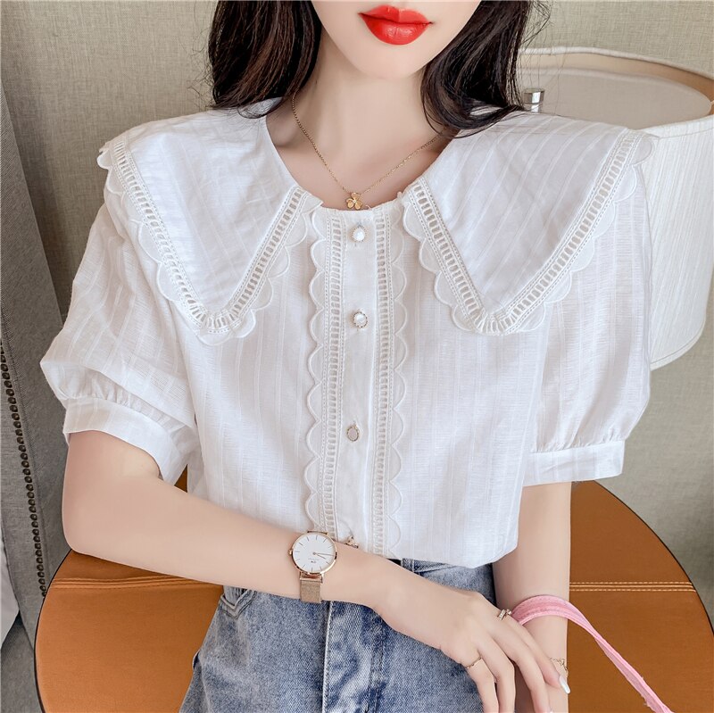 シャツ ブラウス レディース 半袖 襟付き レース かわいい 大人可愛い きれいめ シンプル ガーリー フェミニン ストライプ 夏 学生 デート お出かけ オルチャン ホワイト ブルー トップス