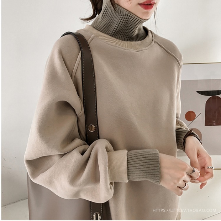 トップス 秋 冬 韓国 裏起毛 トレーナー 大きいサイズ ハイネック 暖かい 防寒 厚手 フェイクツーピース ボリューム袖 リブ 大人可愛いカジュアル XL 2XL 3XL 4XL　原色