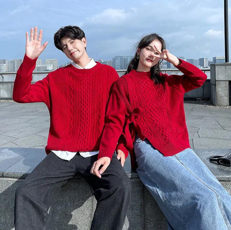 韓国ファッション 秋と冬 新しい 怠惰なレトロ 通勤 ゆったり カジュアル カップルのセーター 結婚証明書の登録写真のペアルック セーター着 PQ22