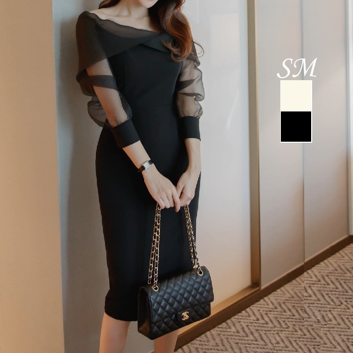 結婚式 ワンピース 秋冬 パーティー オフショル シースルー袖