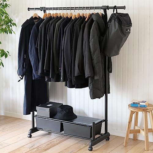 [山善] ハンガーラック キャスター付き (チェスト付き/高さ調節可能/伸縮/シングル) 幅93-148.5奥行44.5高さ110.5-160.5cm 組立品 マットブラック T2HH-SS(MB