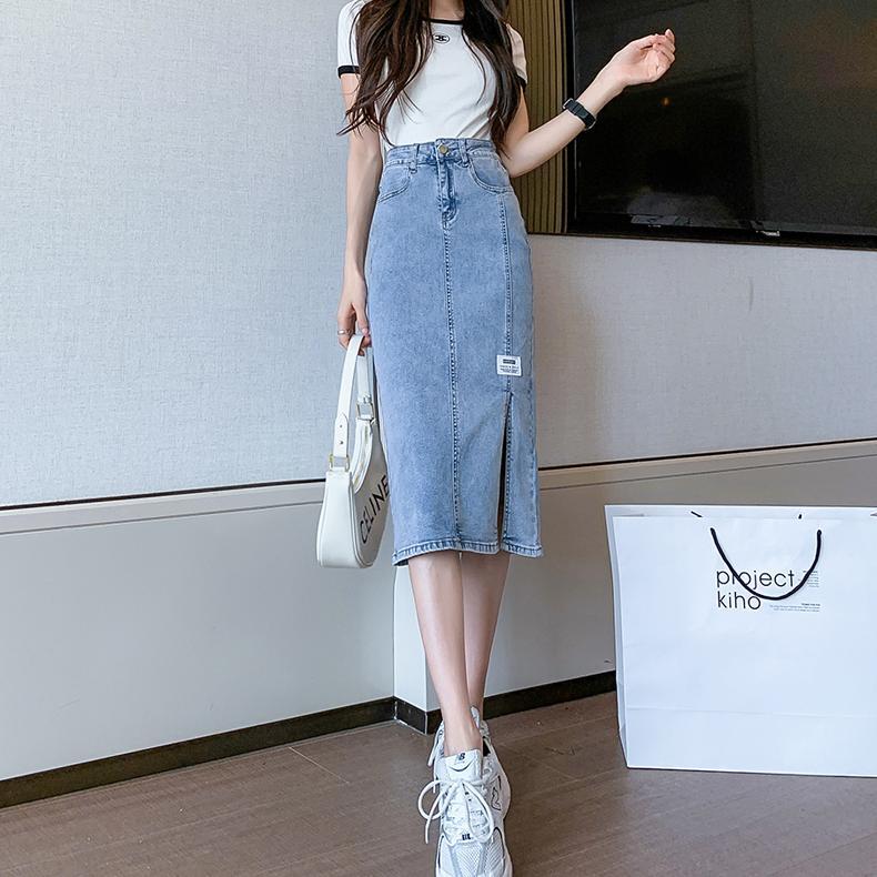 スカート ロングスカート タイトスカート デニムスカート ミモレ丈 ロング丈 タイト ストレート ハイウエスト リブ デニム 大人可愛い きれいめ シンプル カジュアル お洒落 かっこいい