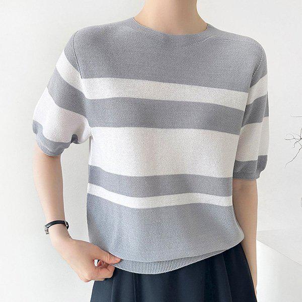 Hスタイル(KN)ホールガーメント配色ラウンドニットティー 春 女性 ニットティー セーター Tシャツ 端境期