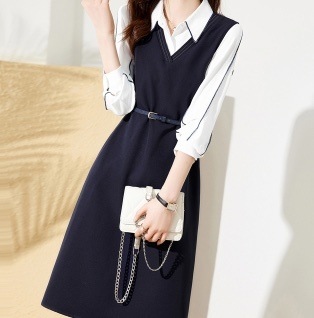 ワンピース 膝丈 ひざ丈 袖あり 7分袖 七分袖 Vネック 襟付き Aライン ベルト ウエストマーク かわいい 大人可愛い シンプル カジュアル 大人 上品 おしゃれ お洒落 こなれ感 ラブリー