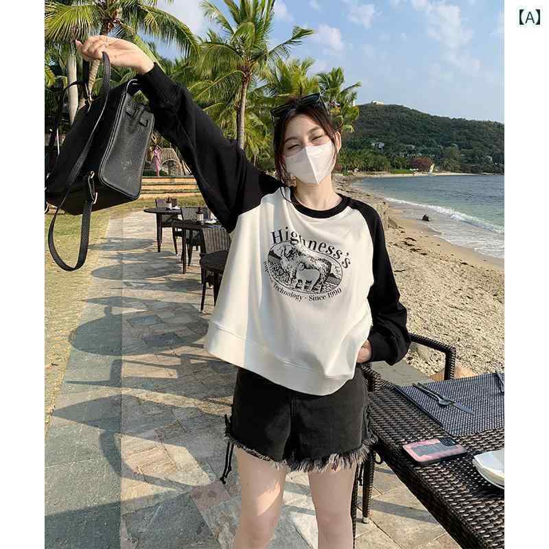 Tシャツ　　インナー 馬 希 少し 太め 大きめ サイズ mm レトロ コントラスト カラー セーター レディース 春 スリム ラウンドネック カジュアル トップス