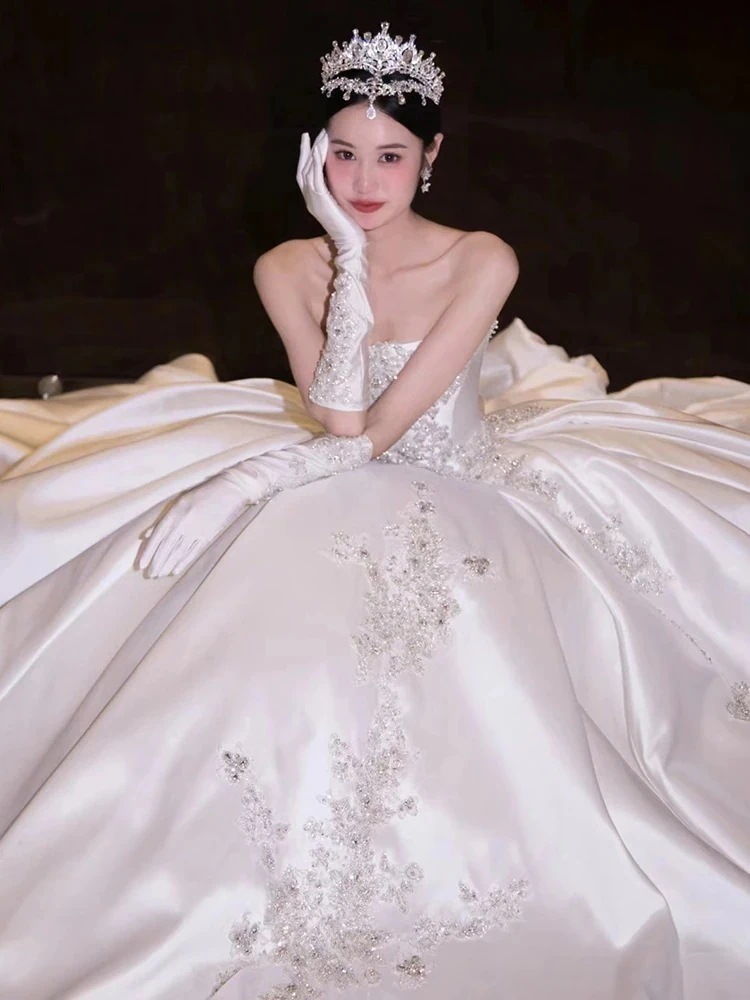 サテン ブ ウェディングドレス 花嫁 2025 メインヤーン 風合い レトロ シン 秋冬 大きいサイズ ドレス