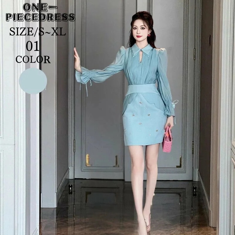 ビジュー付き　ワンピスドレス　ミニ丈　膝上丈　タイトワンピース　ウエストマーク　フォーマルドレス　パーティードレス　ナイトドレス　姫系　長袖　セクシー上品 大人 きれいめ スナック パーティー　結婚式