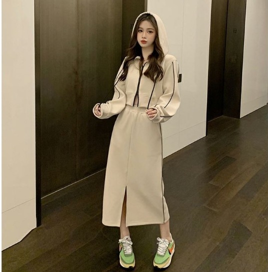 上下セット セットアップ カーディガン パーカー フーディー スウェット ロングスカート タイトスカート ロング丈 袖あり 長袖 スリット フード付き ウエストゴム かわいい 大人可愛い カジュアル