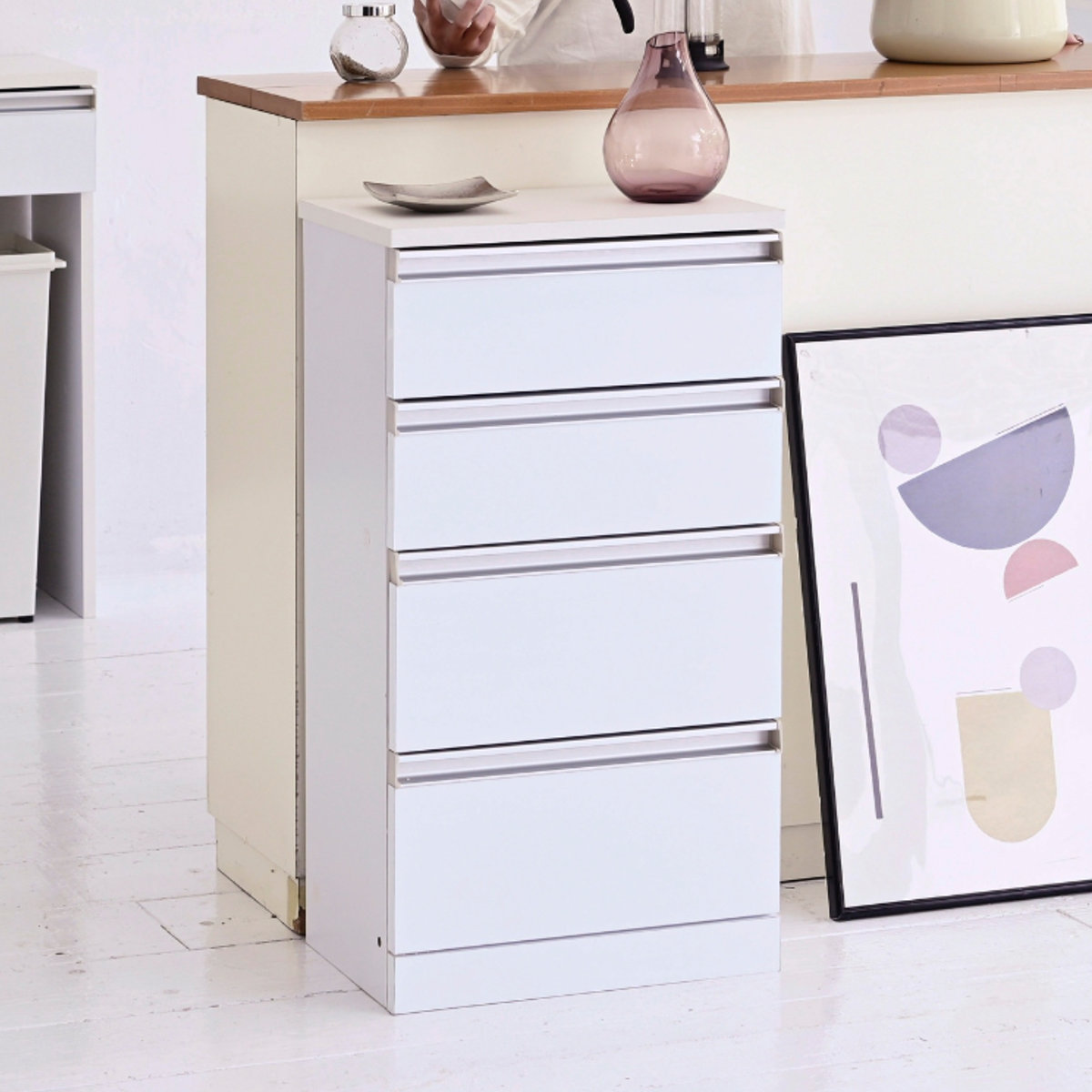 カウンター下収納 チェスト 4段 鏡面前板 幅40cm カウンター下 収納 棚 リビング収納 間仕切り カウンター カップボード リビング 引き出し 四段 シンプル ホワイト