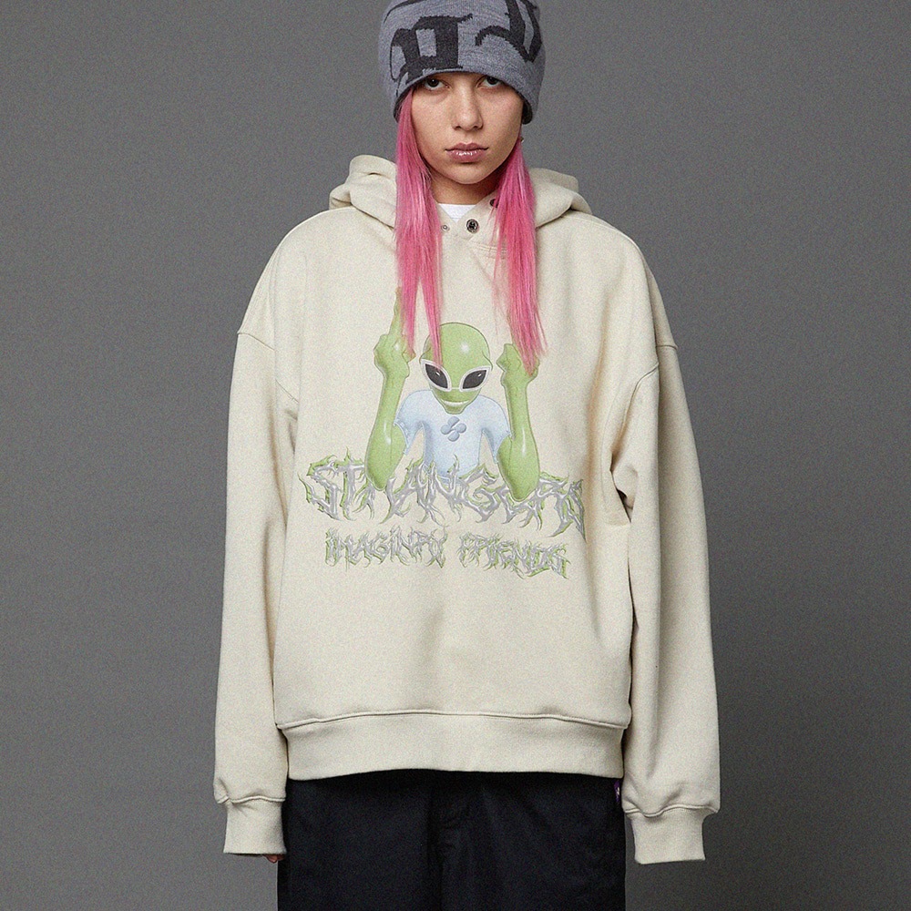 FXXK U alien artwork overfit hoodie SAND BEIGE