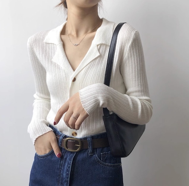 トップス ニット セーター カーディガン 春服 秋服 長袖 襟付き Vネック タイト スマート リブ 前開き 流行 トレンド 高見え 格上げ 華奢見え 細見え 普段使い 日常使い デイリー 着回し