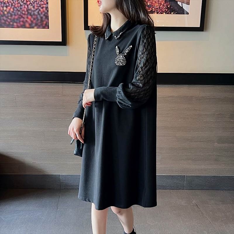 ひざ丈 ワンピース レディース 黒 無地 長袖 レース カジュアル かわいい うさぎ ウサギ モチーフ ビジュー クリスタル 大人可愛い きれいめ 個性的 ワンピ ドレス 春秋 ブラックコーデ こなれ