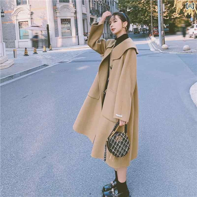 レディース アウター ウールコート カジュアル おしゃれ 防寒 暖かい キャメル ハイエンド ホーンボタン コート 女性用 冬 カレッジ スタイル 若々しい ネイビーカラー ミドル丈