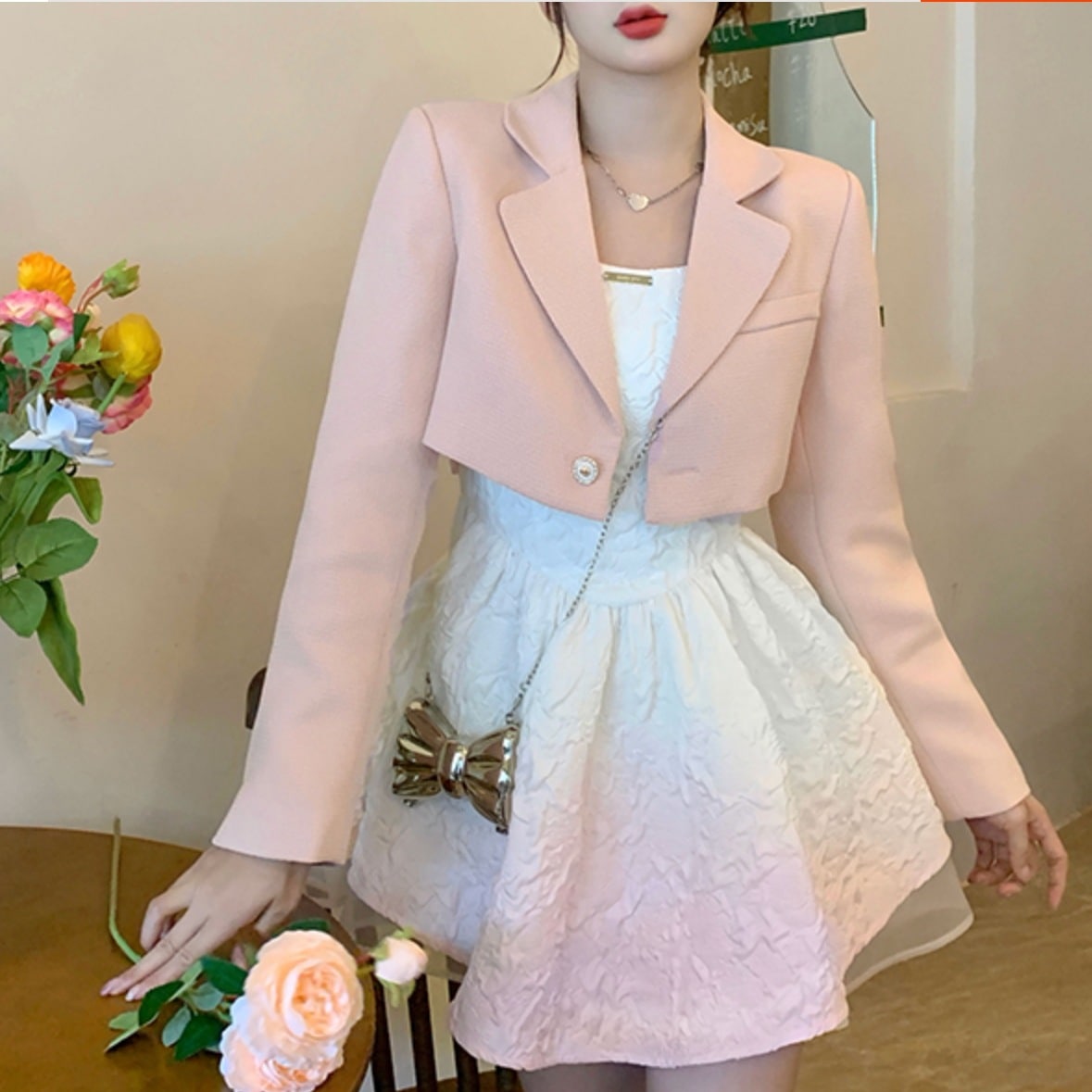 セットアップ レディース ミニスカート S M L 韓国 ジャケット クロップドジャケット ミニ丈 ショート丈 長袖 キャミワンピ ふんわりミニドレス リボン 細身 かわいい 大人可愛い 上品 シック