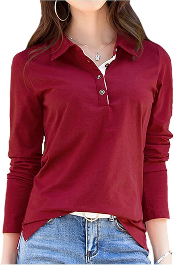 スリージョイ ポロシャツ 長袖 トップス 襟付き スリム カジュアル ボタン レディース(レッド/Bタイプ, S)