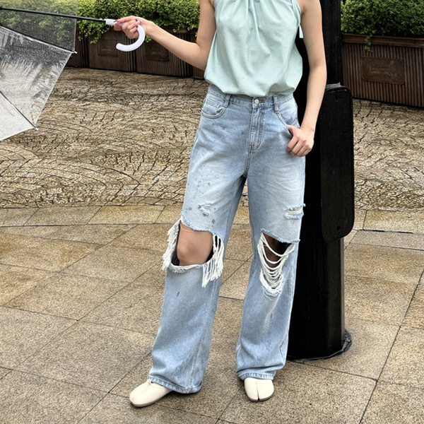 韓国ファッション ハイダメージジーンズ 古着 スリット ライトブルー ワイド デニムパンツ