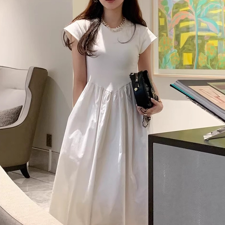 ワンピース ミモレ丈ワンピース 半袖 クルーネック ウエストマーク ミモレ丈 切り替えデザイン かわいい 大人可愛い きれいめ シンプル 上品 おしゃれ かっこいい カジュアル こなれ感 個性的