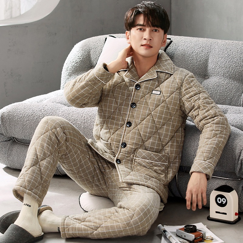 メンズ冬パジャマ3層パッド入り厚手ベルベットコーラルフリースフランネル秋冬ホームウェアスーツ