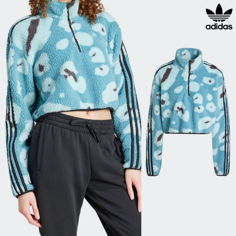 [ADIDAS] アディダス レディース アニマル プリント フリース クロップ 半ジップアップ トップ / SKY BLUE