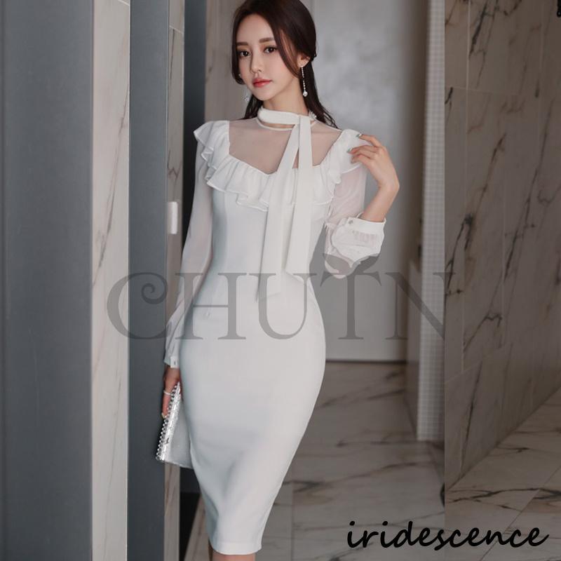 白タイトワンピース膝丈 ワンピース40代長袖タイトワンピース韓国風パーティードレス 結婚式 エレガント 成人式 二次会 披露宴 フェミニンタイトワンピース夏