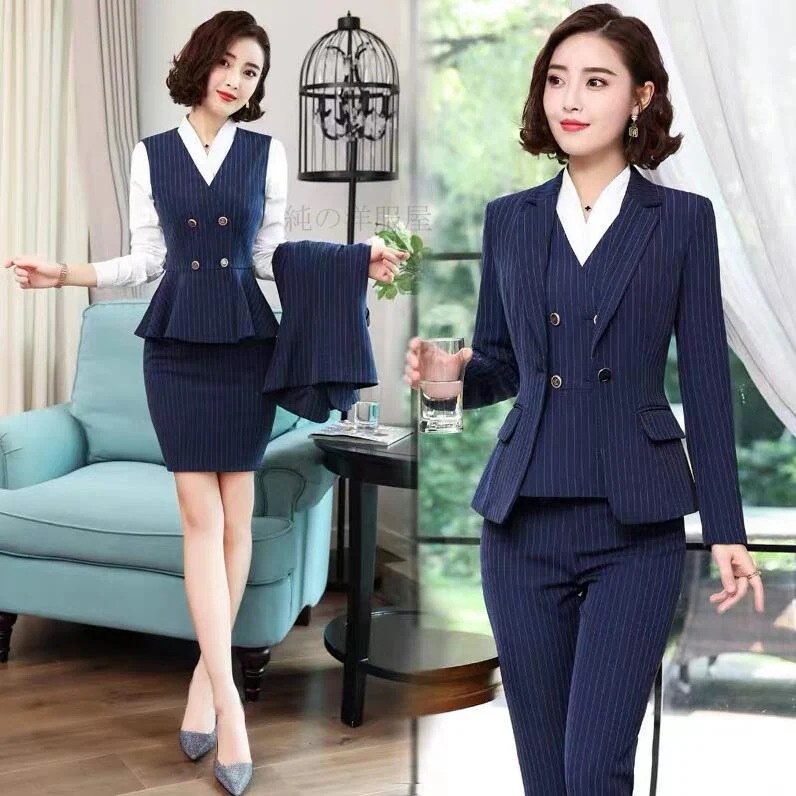 レディーススーツセット ストライプ柄スーツ 長袖 テーラードジャケット 長ズボン ロングスラックス ショート丈スカート ジレ ベスト 長袖ワイシャツ 組合せ可