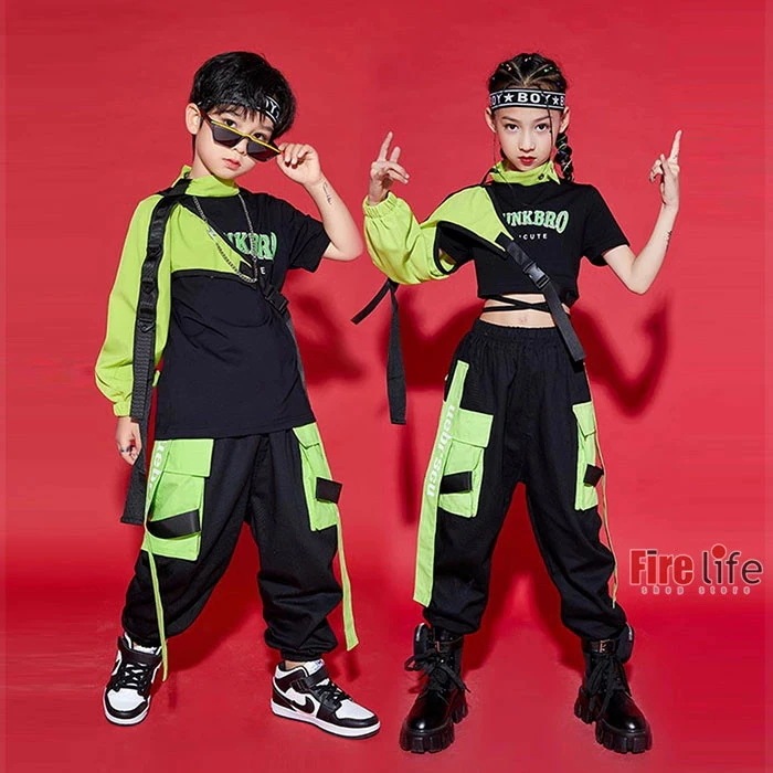 ダンスウェアセール キッズ ダンス衣装 子供服 3点セット 男の子 女の子 ワンショルダー カーゴパンツ 重ね着 ジャズダンス 応援団 発表会 練習着 セットアップ HIPHOP ヒップホップ 110