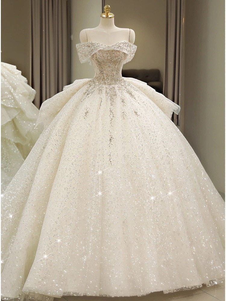 ワンショルダー ウェディングドレス 花嫁 2025年新作 メインヤーン 質感 重工業 小柄 妊婦 大きいサイズ テール