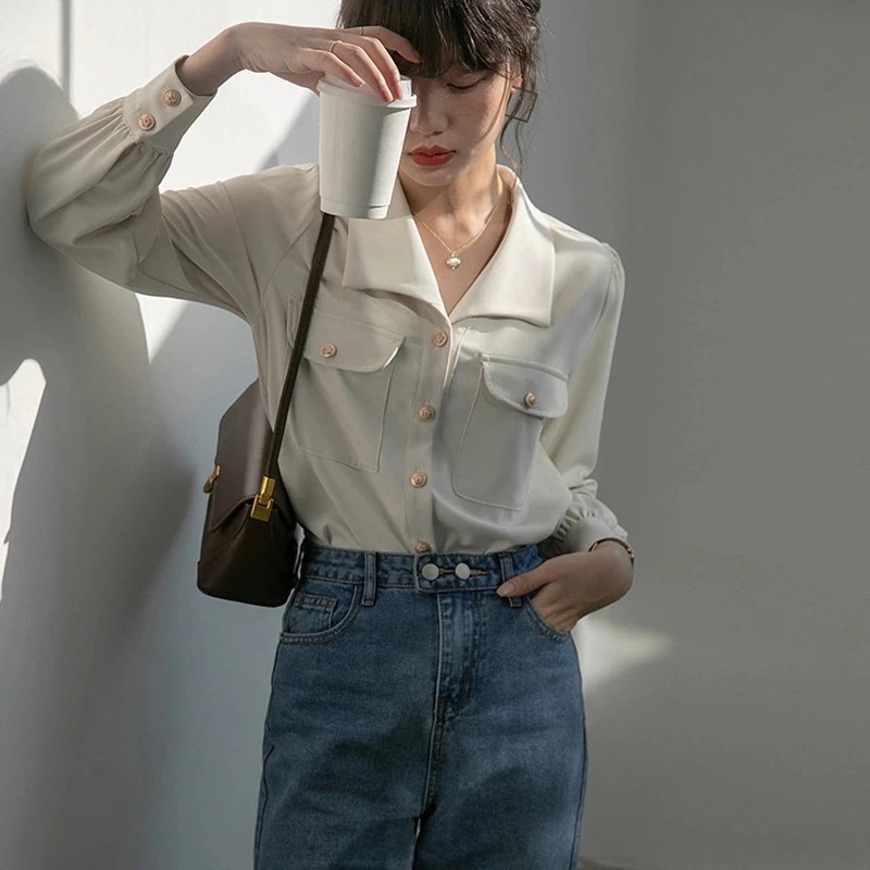 シャツ ブラウス 長袖 レディース シャツ 無地 ランタンスリーブ レトロ フレンチ 杏色